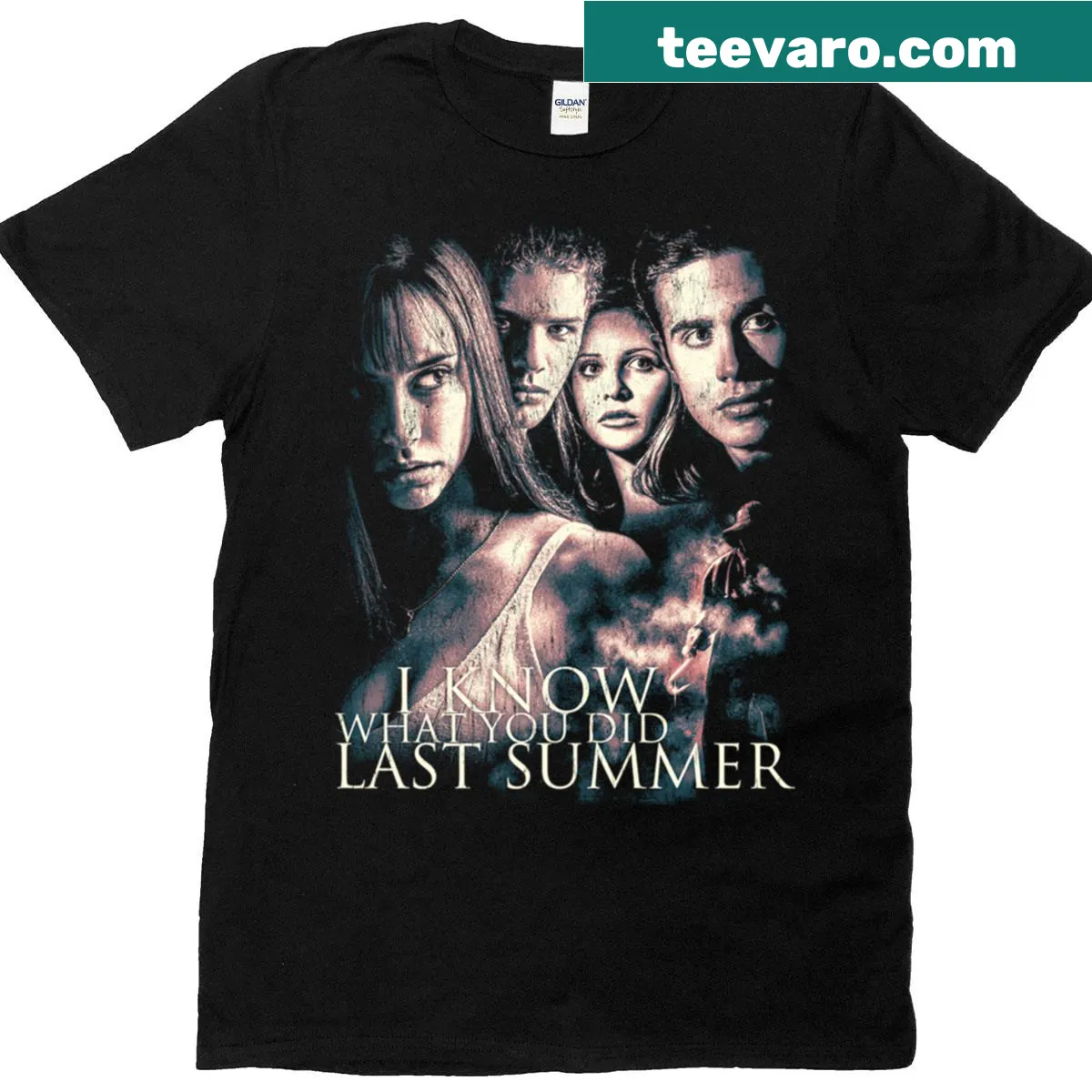 Text 'I Know What You Did Last Summer' on a t-shirt — on a men's t-shirt