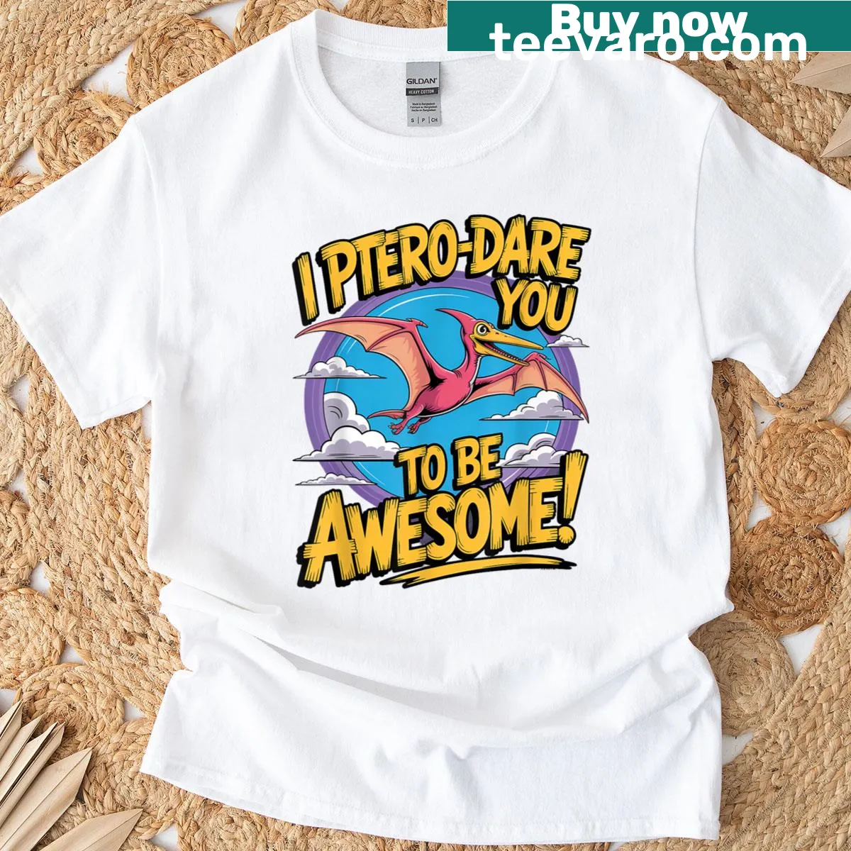 Illustration of a pterodactyl with the text 'I Ptero-dare You Be Awesome' — on a men's t-shirt