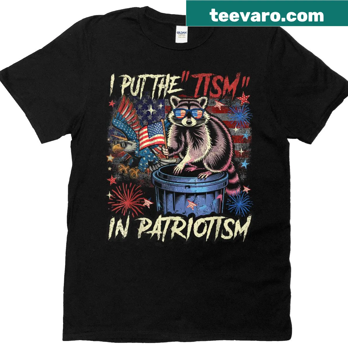 Illustrated eagle and panda design with patriotic text — on a men's t-shirt