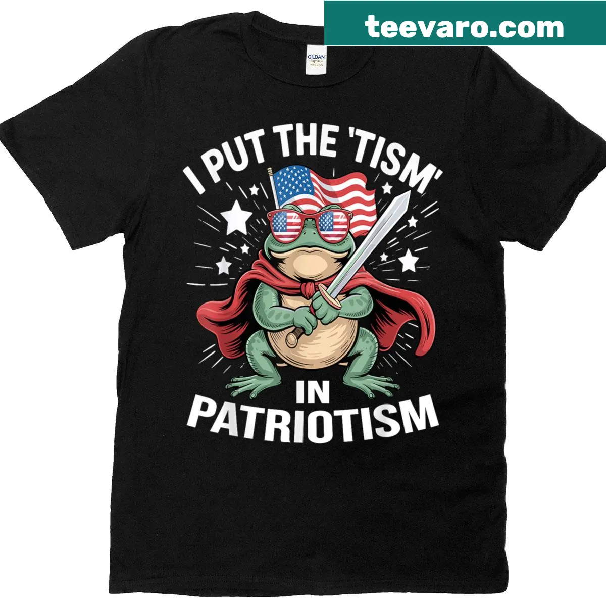 Illustrated frog design with humorous patriotic text — on a men's t-shirt