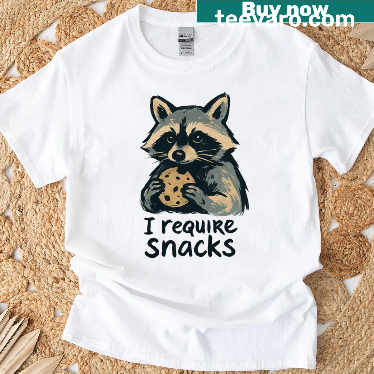 Funny raccoon T-shirt with cookie illustration and snack phrase — on a men's t-shirt