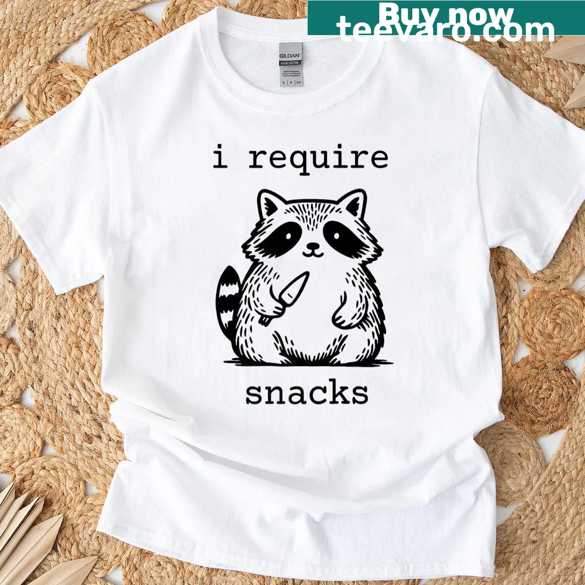 Funny raccoon graphic illustrating snack requirements — on a men's t-shirt