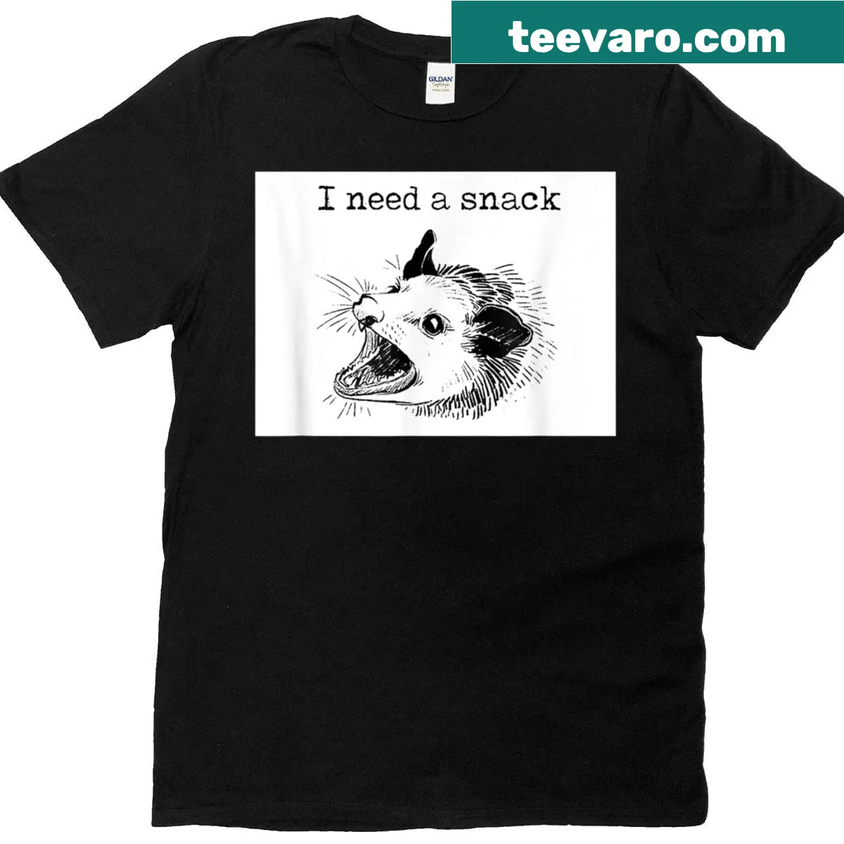 Raccoon graphic with the phrase 'I Require Snacks' on a light tee — on a men's t-shirt