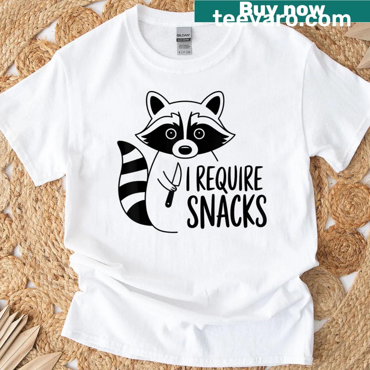 Funny illustration of raccoon asking for snacks on t-shirt — on a men's t-shirt
