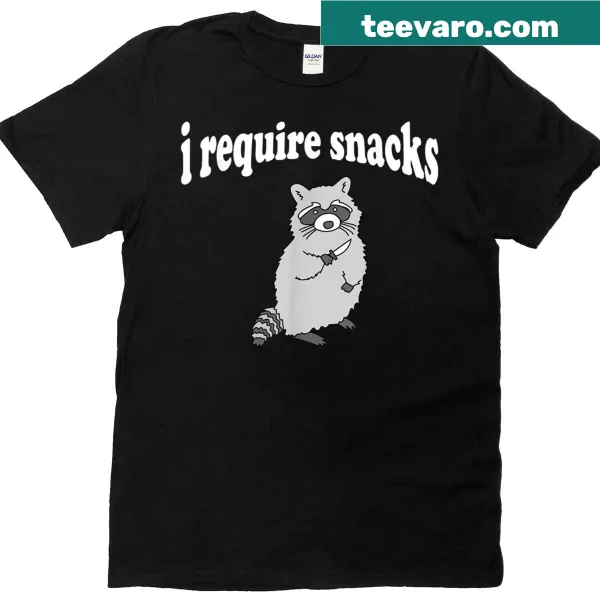 Funny raccoon graphic t-shirt with the text 'I Require Snacks'