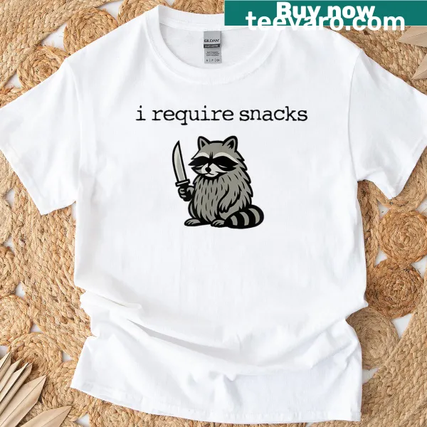 Raccoon demanding snacks illustrated on a humorous t-shirt