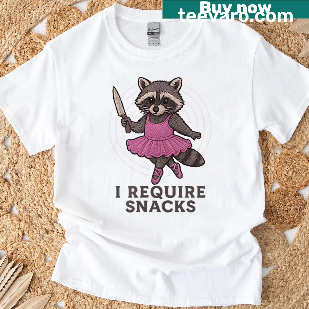 Cute T-shirt with a raccoon and the text 'I Require Snacks' — on a men's t-shirt