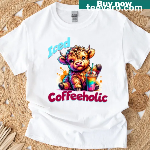 Cute Highland cow holding iced coffee on T-shirt