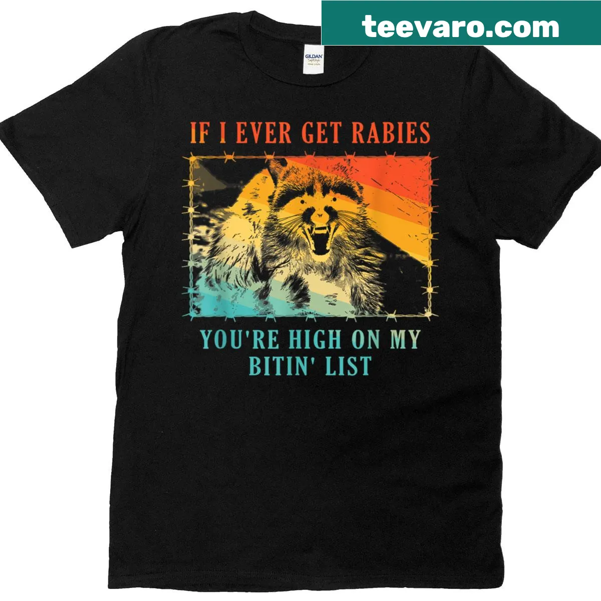 Funny raccoon graphic t-shirt with humorous text — on a men's t-shirt