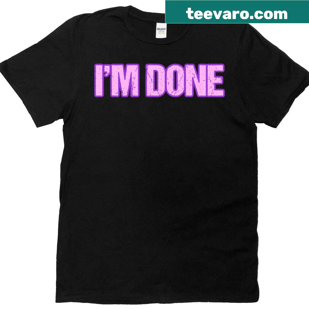 Minimalist t-shirt with 'I'm Done' text in pink and violet outline — on a men's t-shirt