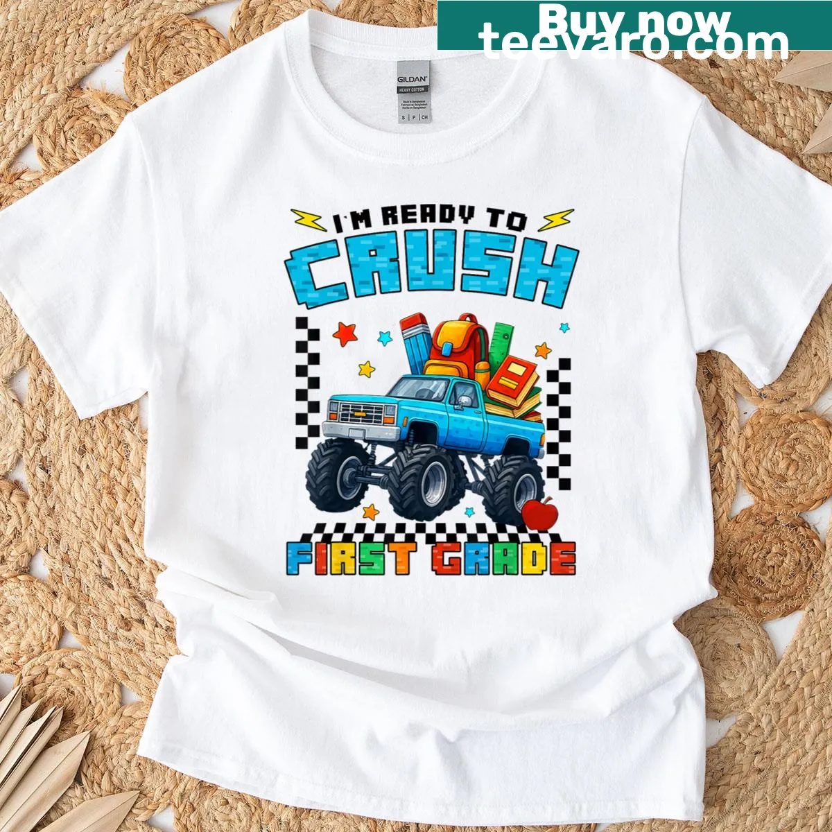 Monster Truck illustration for 1st grade boys' shirt — on a men's t-shirt