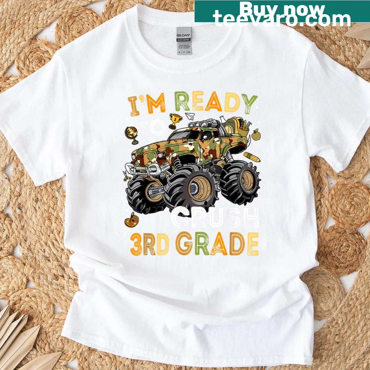 Illustration of a monster truck on back-to-school t-shirt — on a men's t-shirt