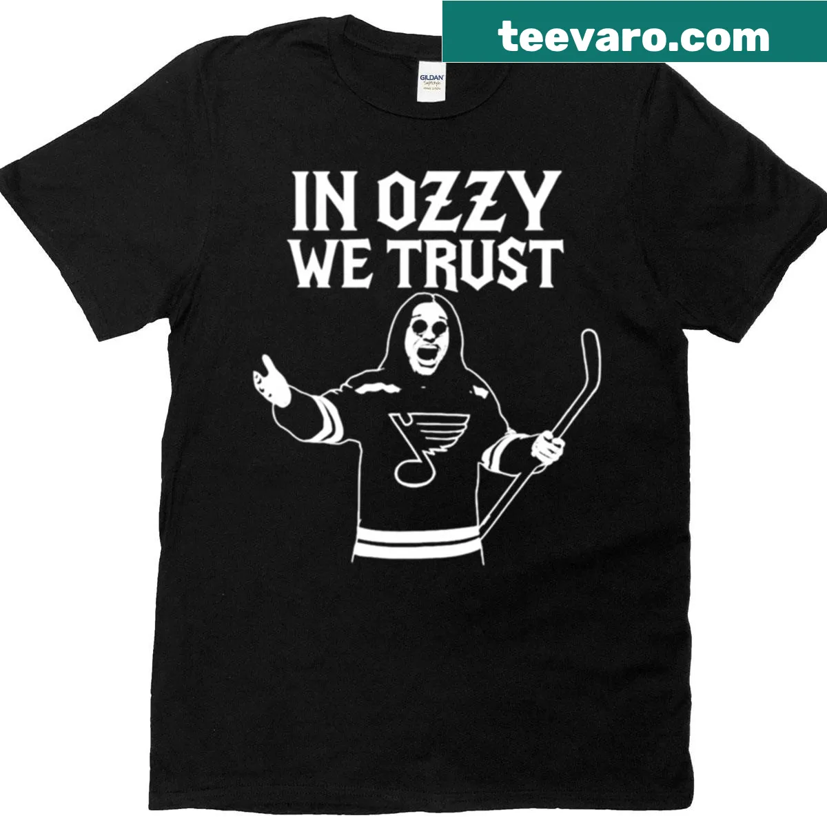 Tribute t-shirt featuring the phrase 'In Ozzy We Trust' with music theme — on a men's t-shirt