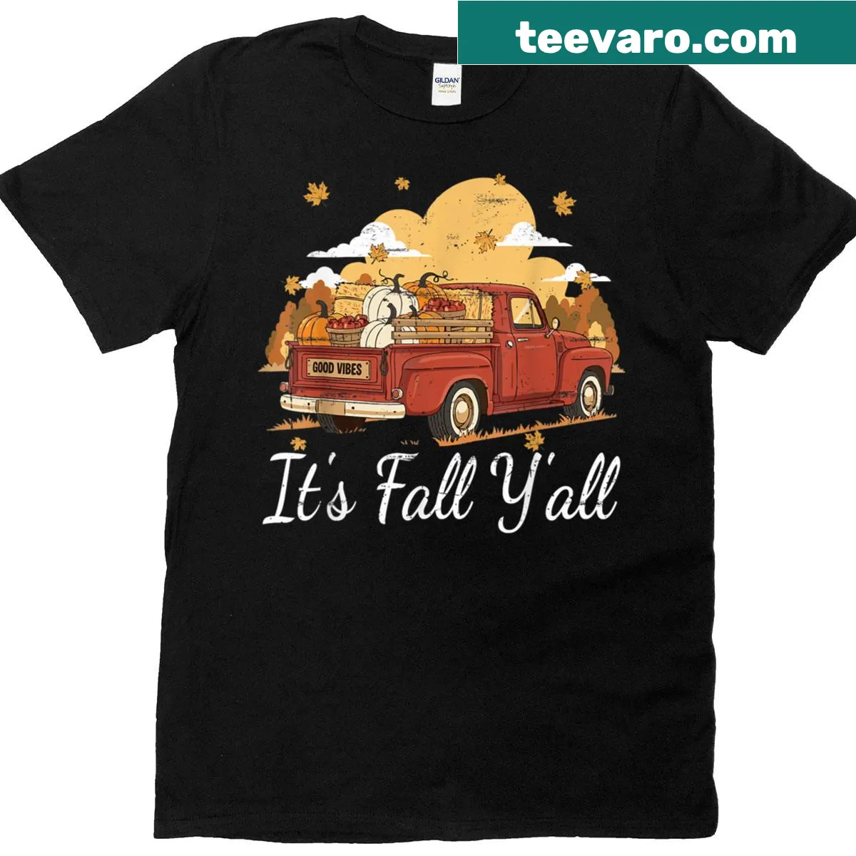 Vintage T-shirt with a farmer truck, pumpkins, and autumn leaves — on a men's t-shirt