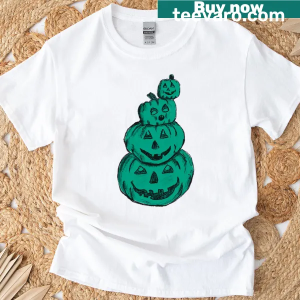 Whimsical totem of jack-o'-lanterns on a Halloween T-shirt