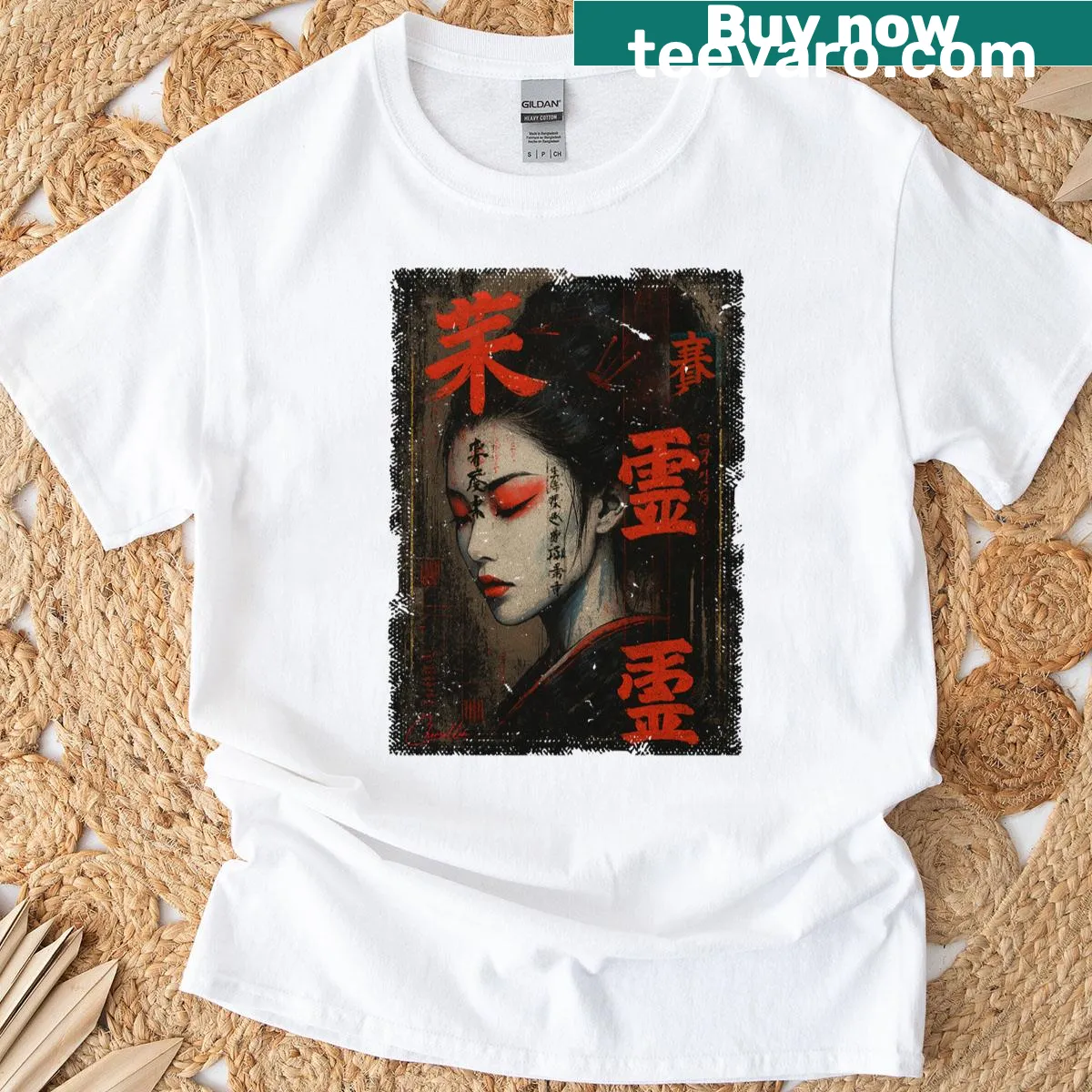 T-shirt depicting a geisha in hip hop style with a vintage streetwear vibe — on a men's t-shirt
