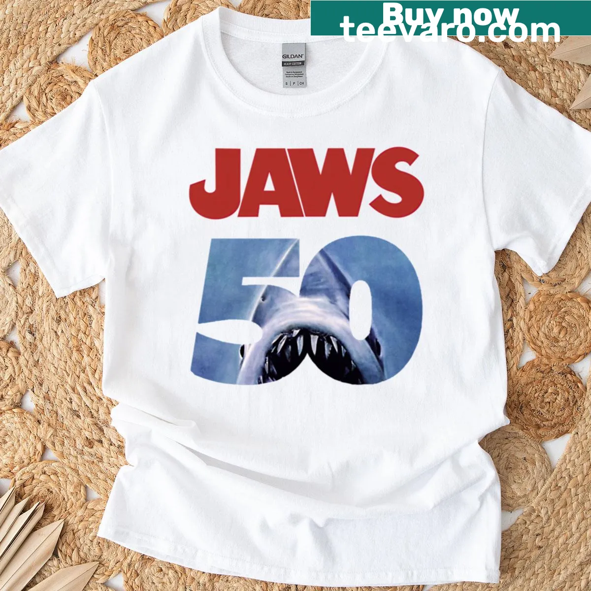 Retro Jaws movie cover graphic on vintage t-shirt — on a men's t-shirt