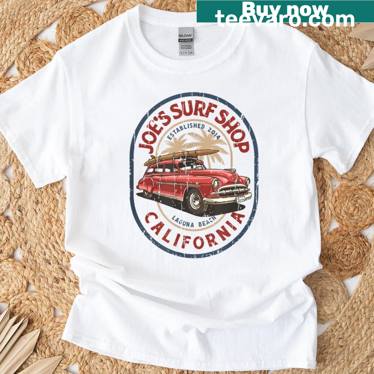 Vintage surf shop logo T-shirt with surf car and board illustration — on a men's t-shirt