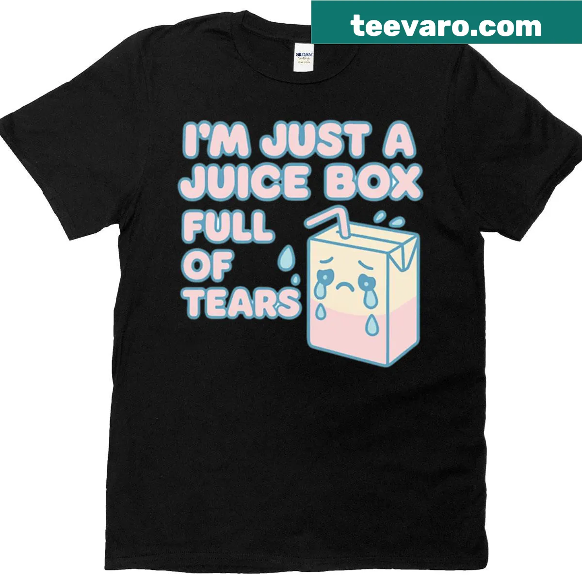 Gen Z aesthetic t-shirt with juice box and tears graphic — on a men's t-shirt