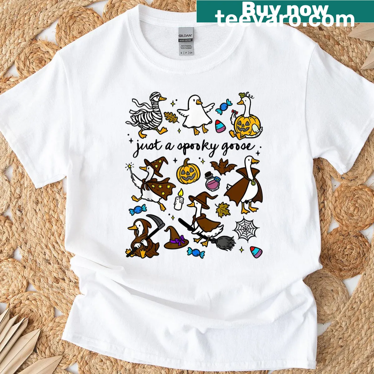 Cute Halloween doodles featuring a spooky goose on a t-shirt — on a men's t-shirt