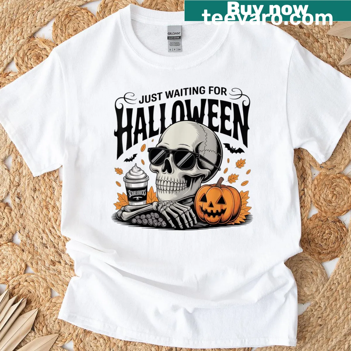 Whimsical Halloween T-shirt with skeleton and jack-o’-lantern — on a men's t-shirt