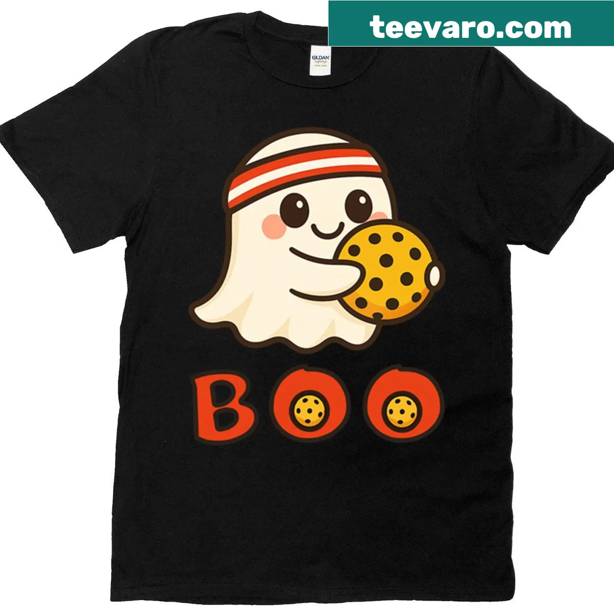 Cute Halloween t-shirt featuring a ghost playing pickleball — on a men's t-shirt