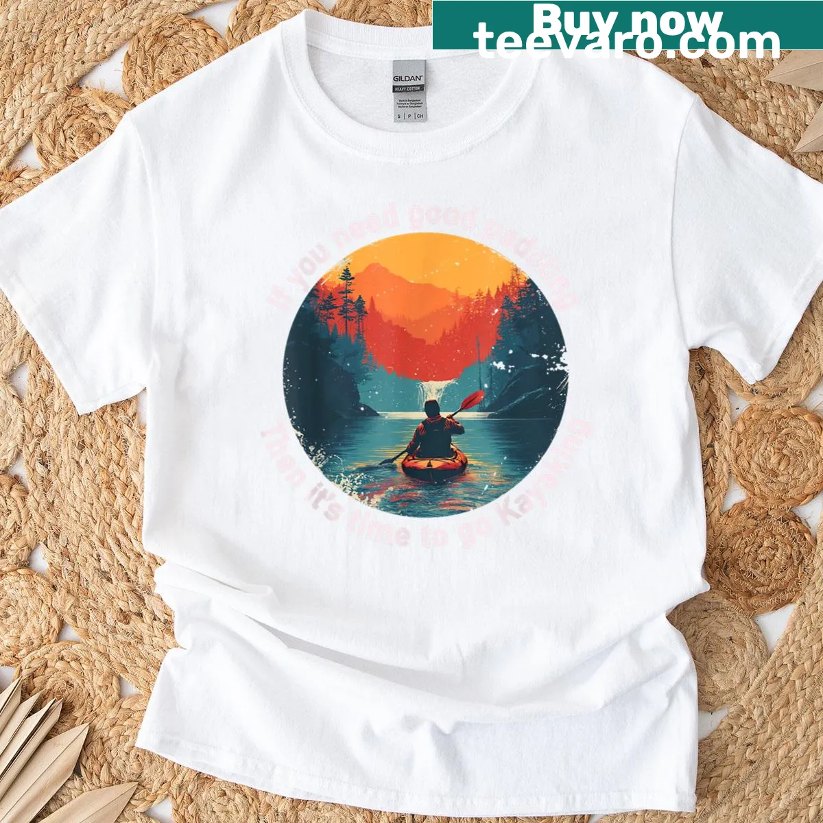 Vintage-style T-shirt featuring a retro kayaking graphic with mountains — on a men's t-shirt