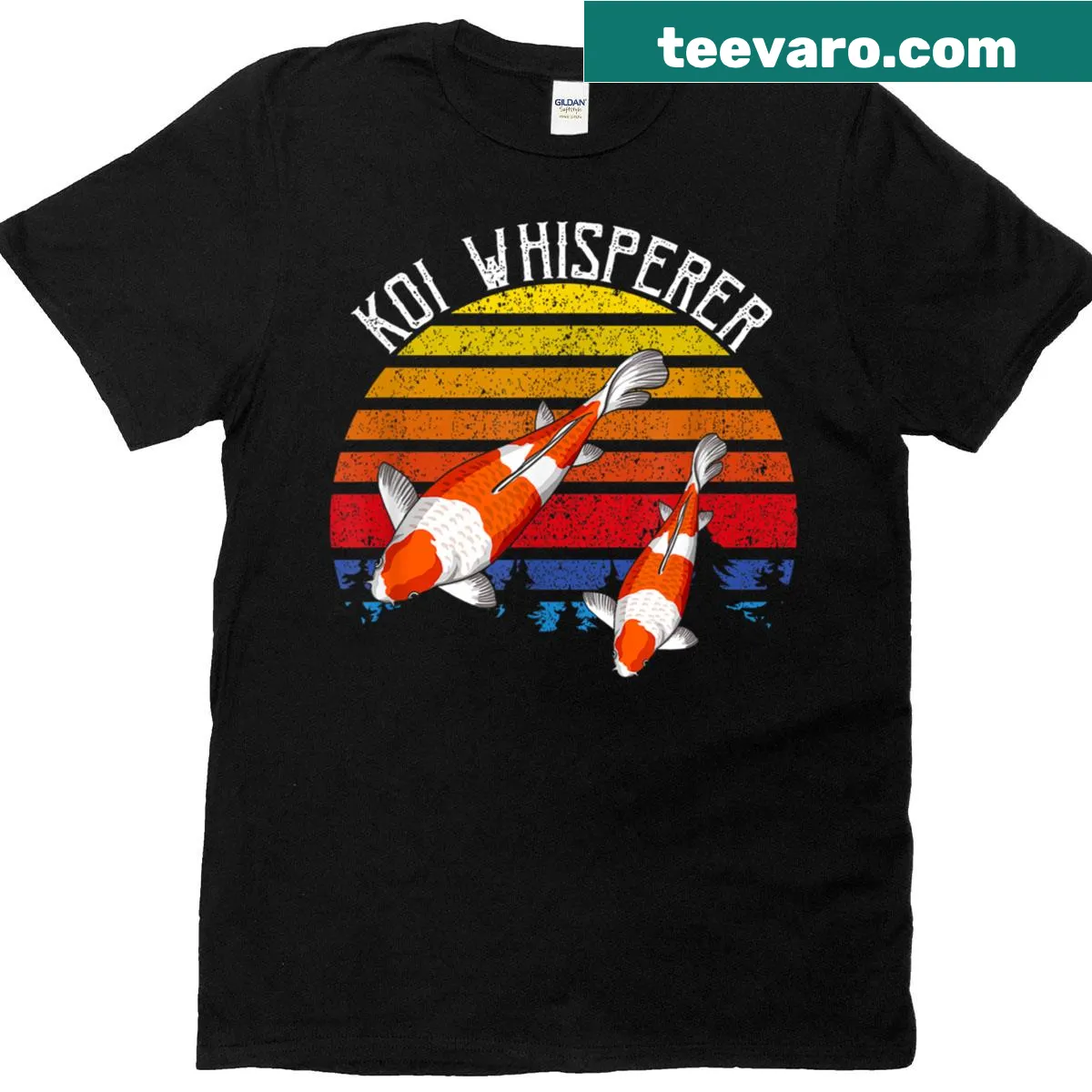 Vintage-style shirt with Koi Whisperer text and pond graphic — on a men's t-shirt