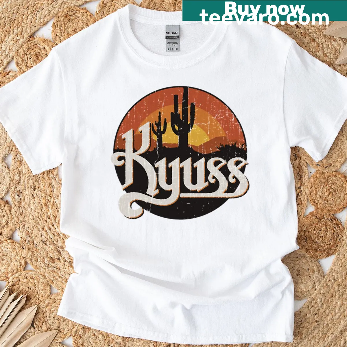 Illustrated T-shirt featuring a sunset design inspired by Kyuss — on a men's t-shirt
