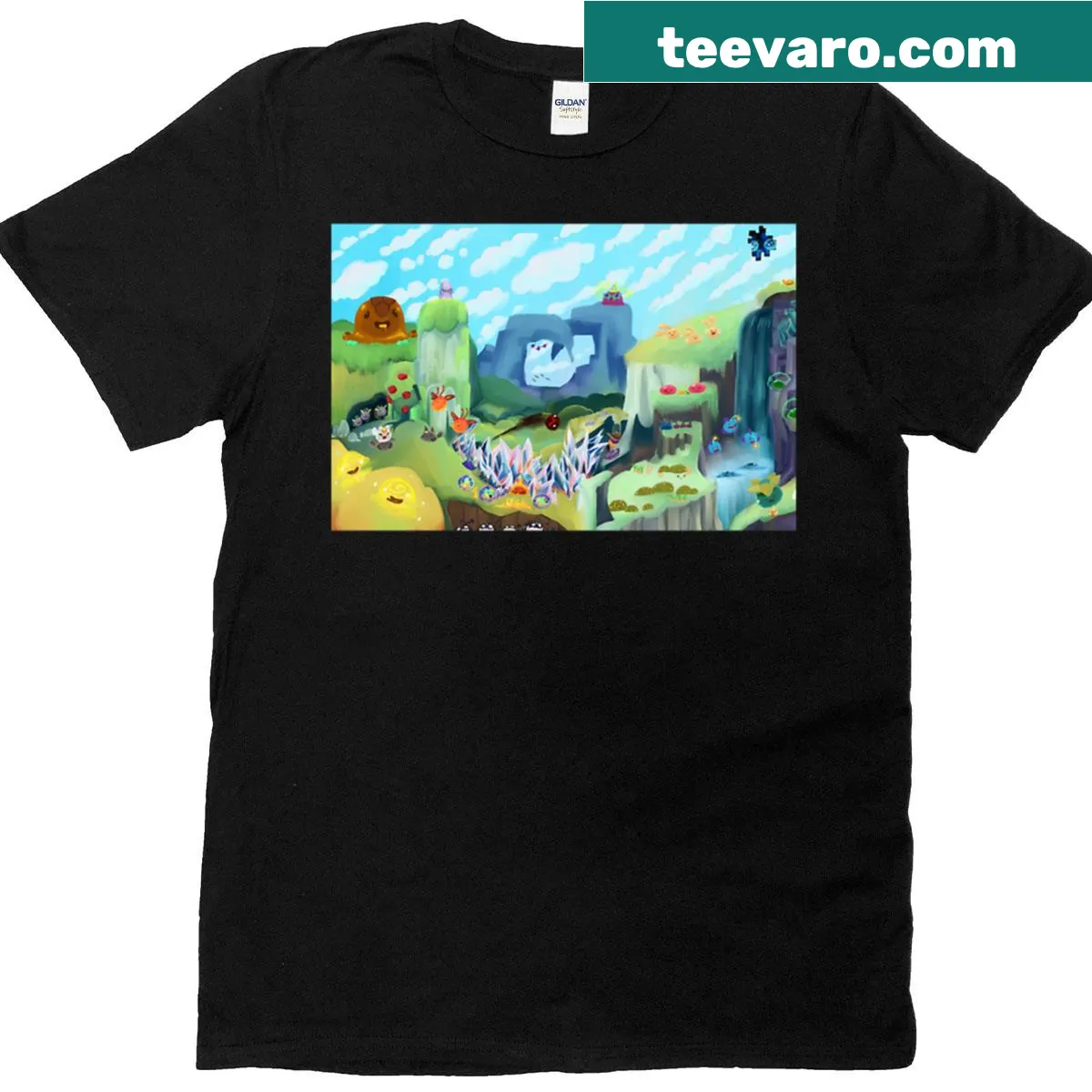Whimsical illustration of slimes on a fantasy-themed T-shirt — on a men's t-shirt
