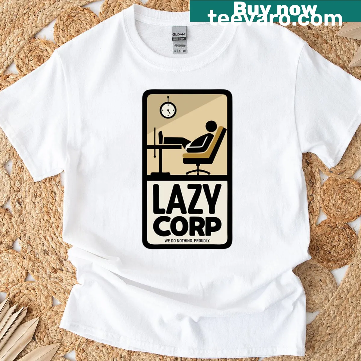 Edgy T-shirt with humorous corporate productivity saying — on a men's t-shirt
