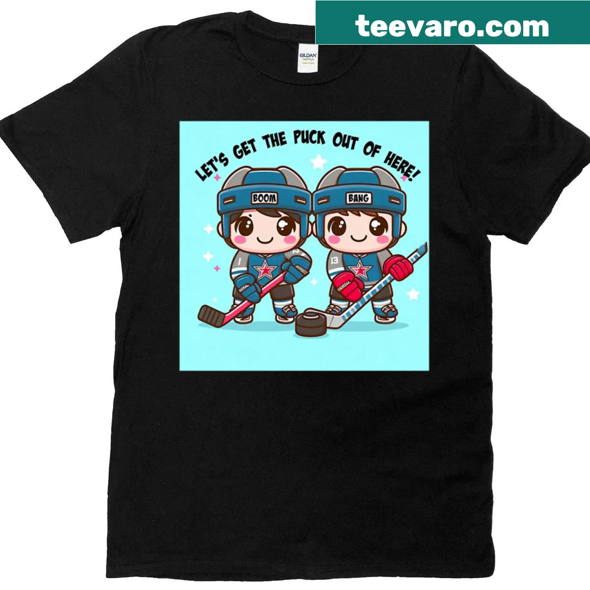 Funny hockey-themed t-shirt with puck illustration — on a men's t-shirt