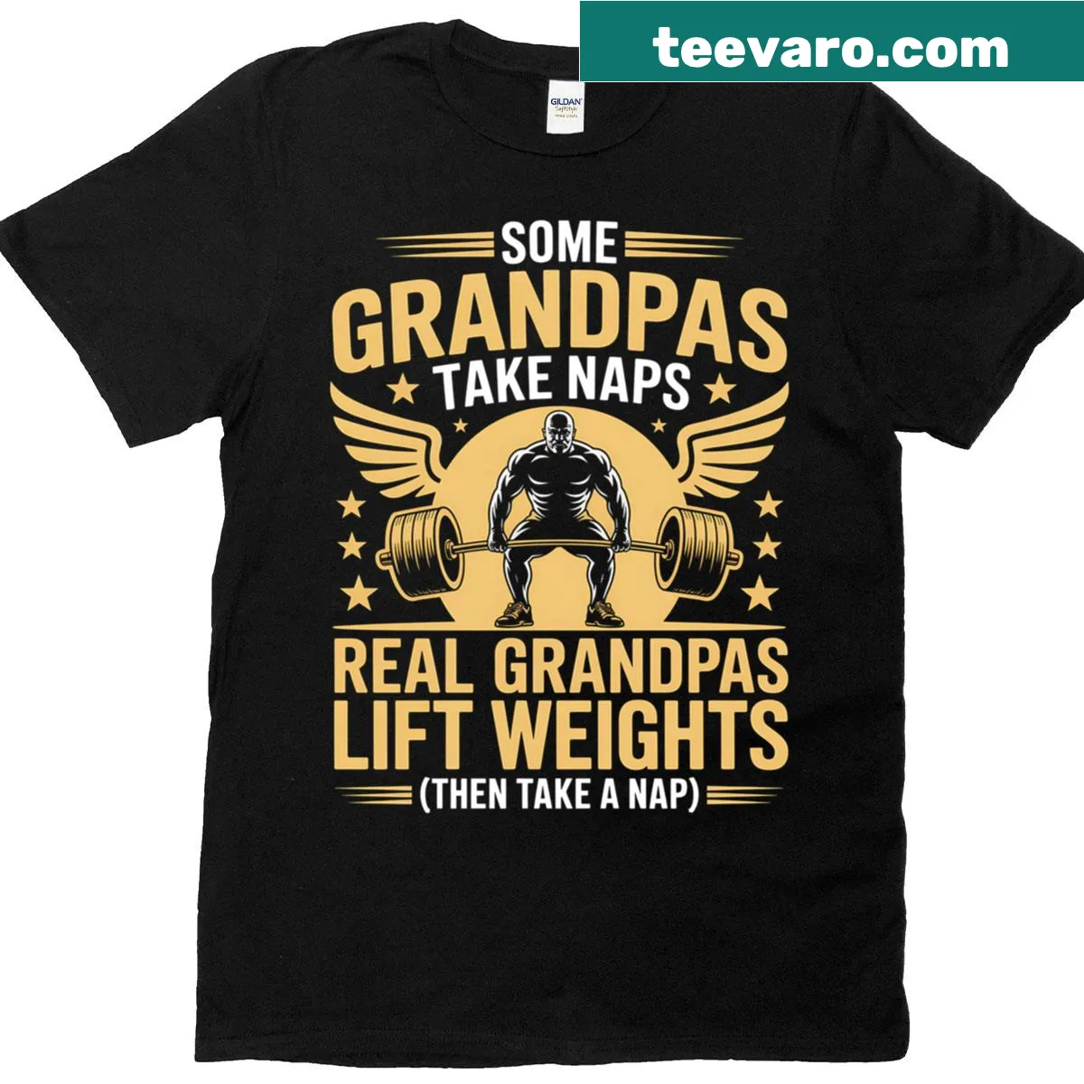 Funny T-shirt featuring a grandpa lifting weights with a humorous slogan. — on a men's t-shirt