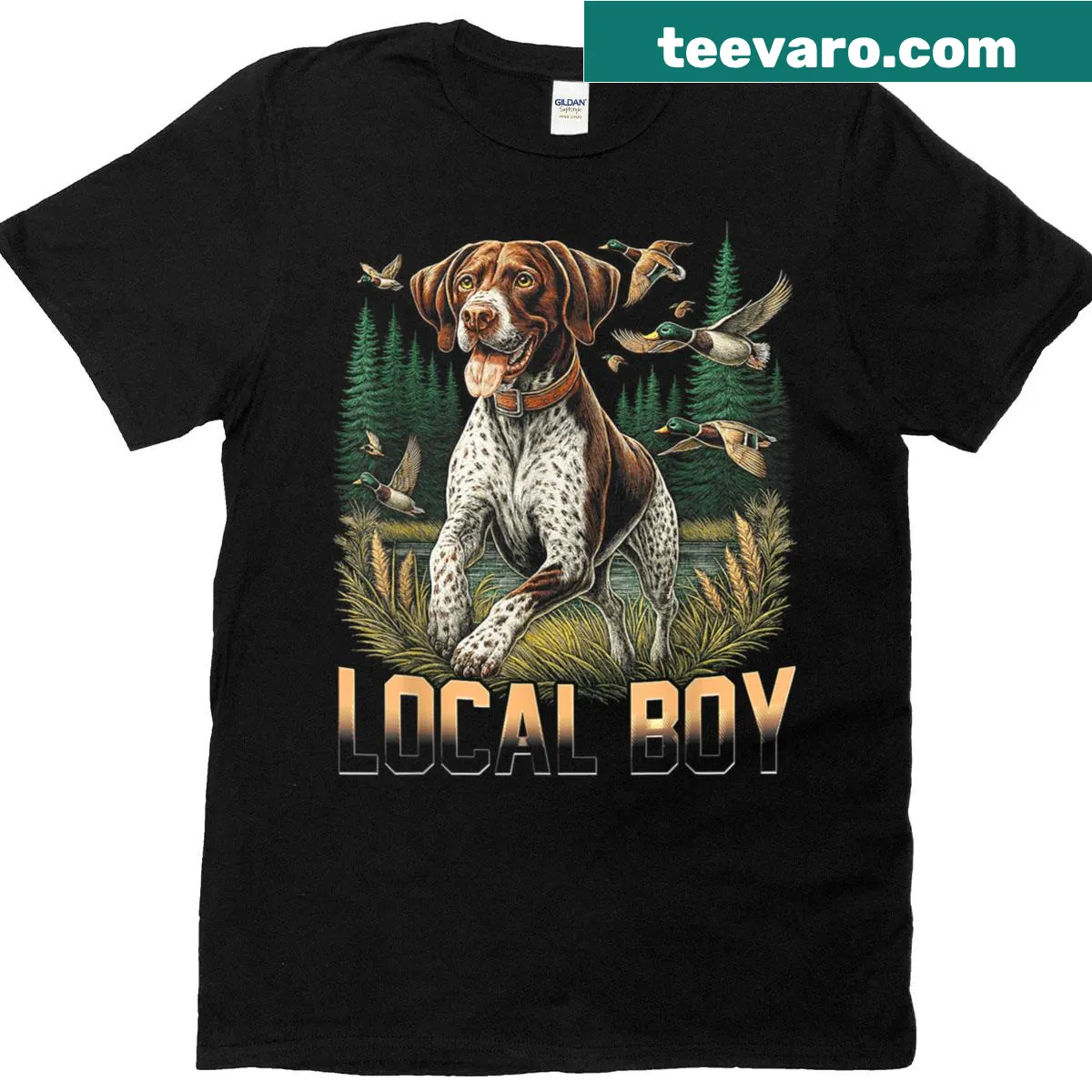 Vintage t-shirt with local hunting dog and southern pride design — on a men's t-shirt