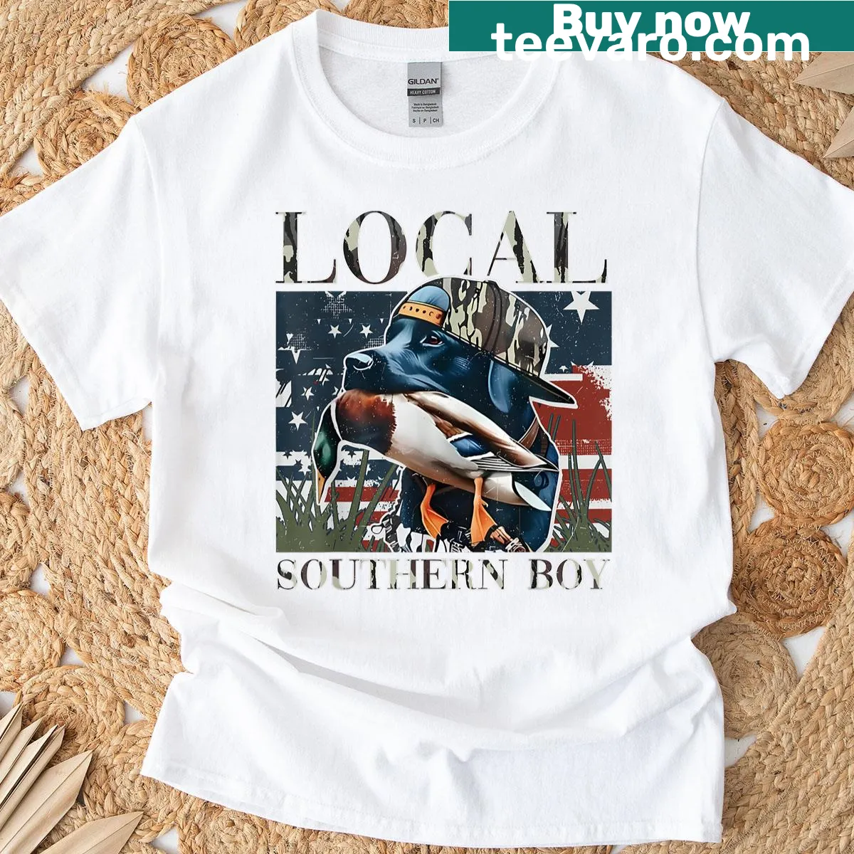 Vintage t-shirt for southern boys featuring duck hunting and a black lab — on a men's t-shirt