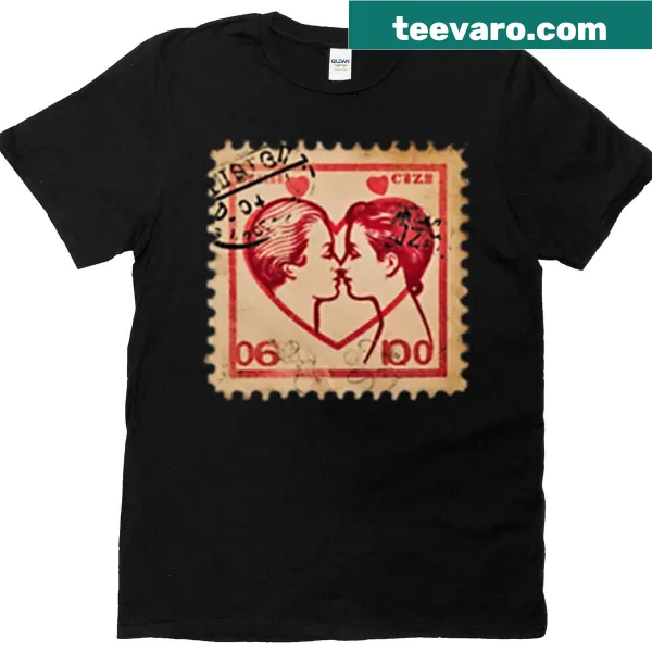 T-shirt featuring a design of a love postal stamp