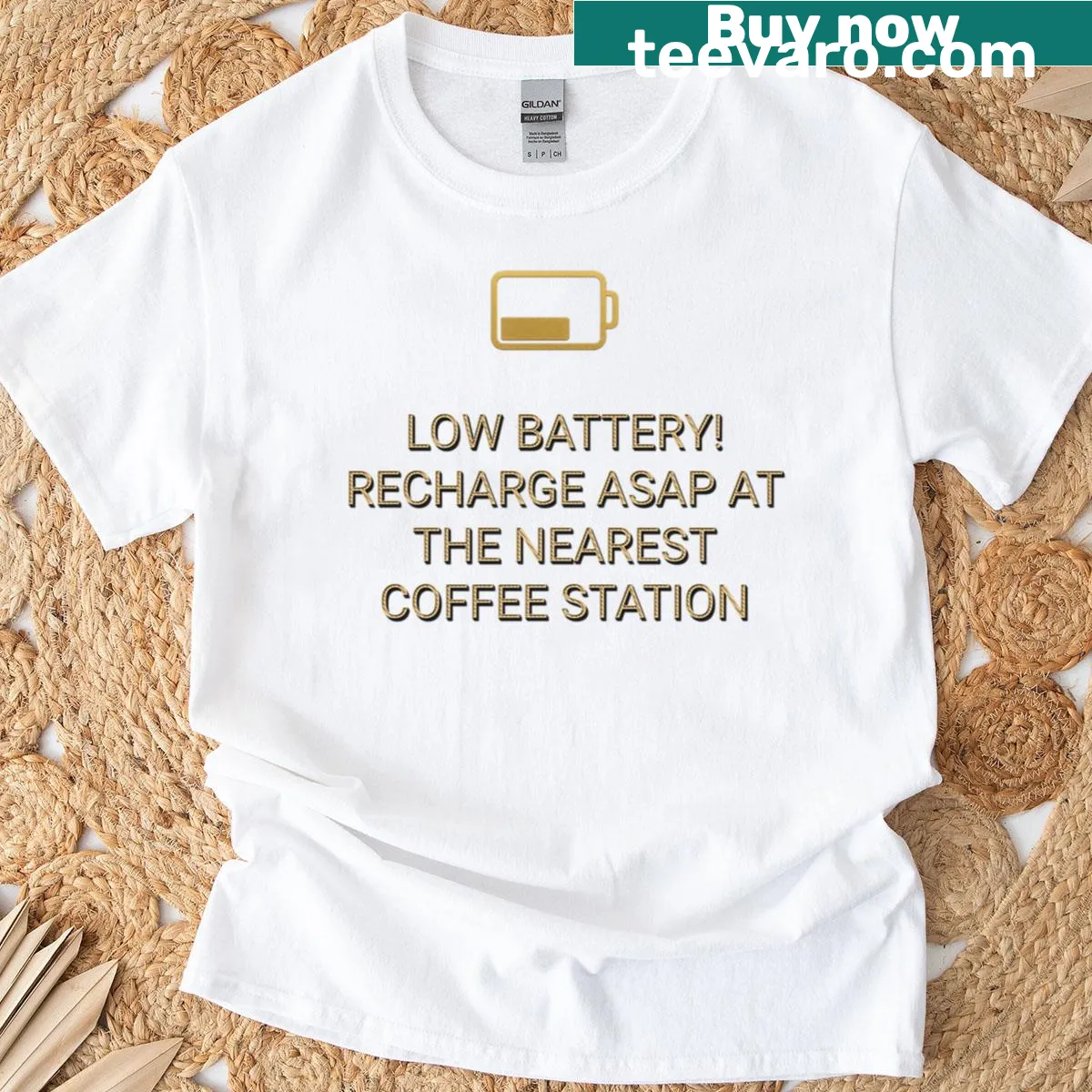 Funny T-shirt with a coffee recharge graphic — on a men's t-shirt