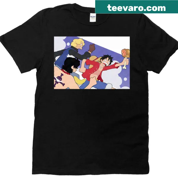 Graphic T-shirt featuring Luffy, Sabo, and Ace from One Piece.