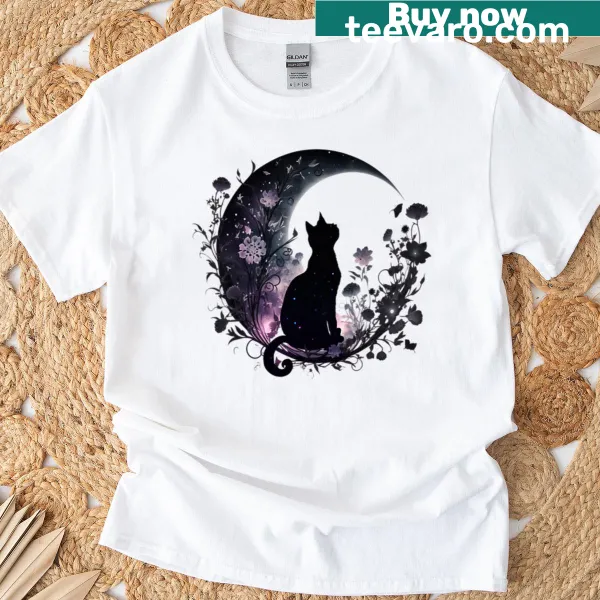 Illustration of a cat gazing at the moon on a whimsical T-shirt