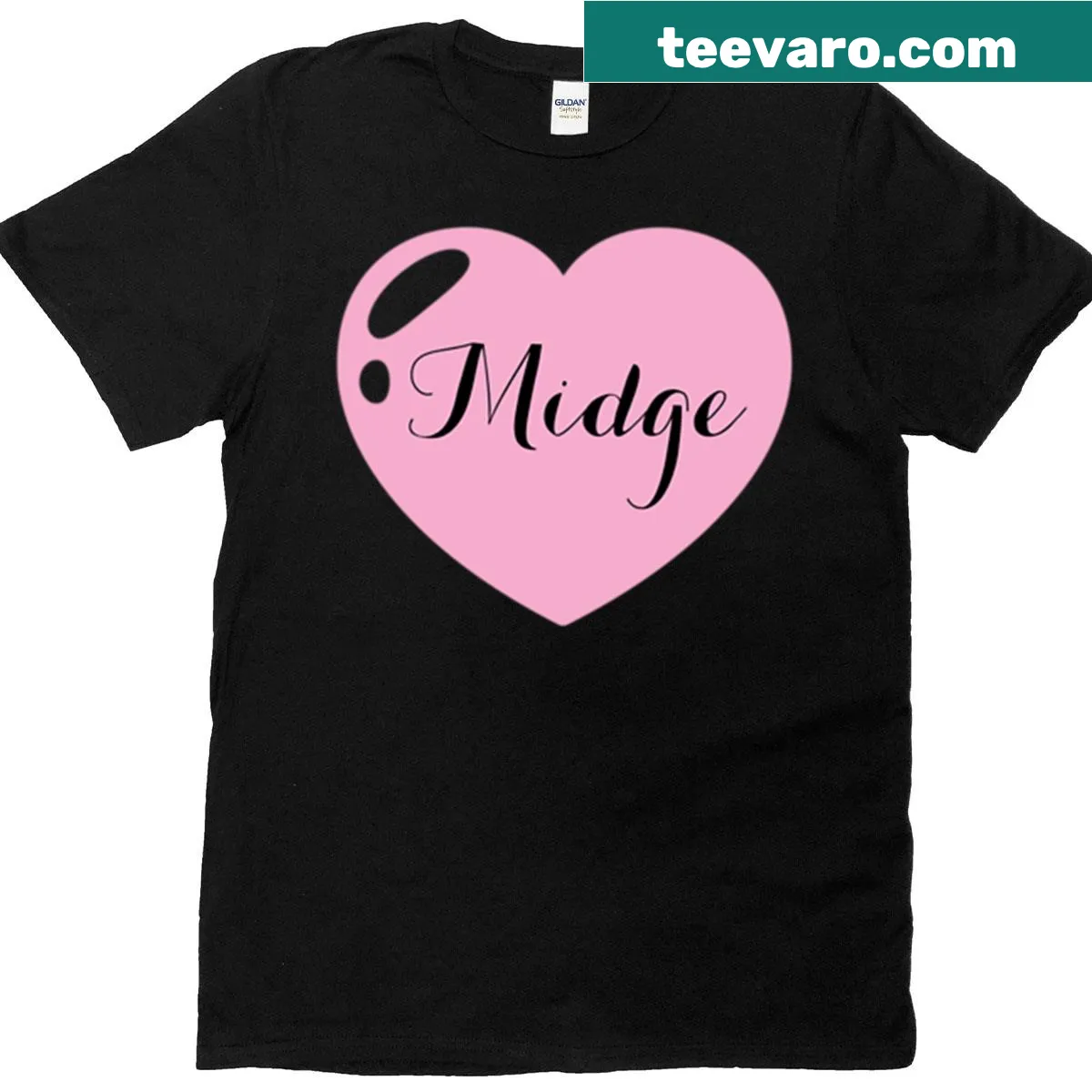 T-shirt with the name Midge and a pink heart graphic — on a men's t-shirt