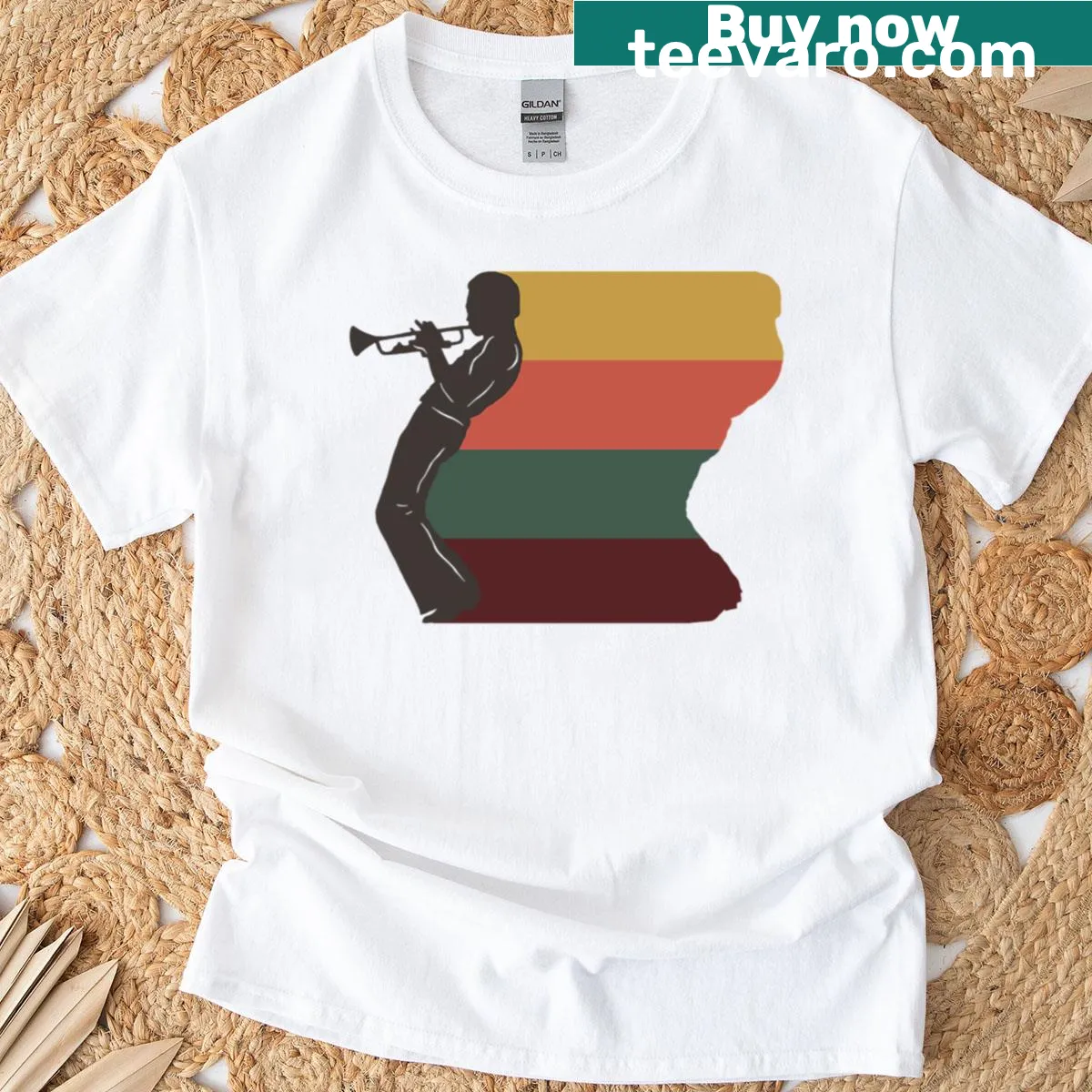 Retro silhouette of Mile Davis on a minimalist T-shirt design — on a men's t-shirt