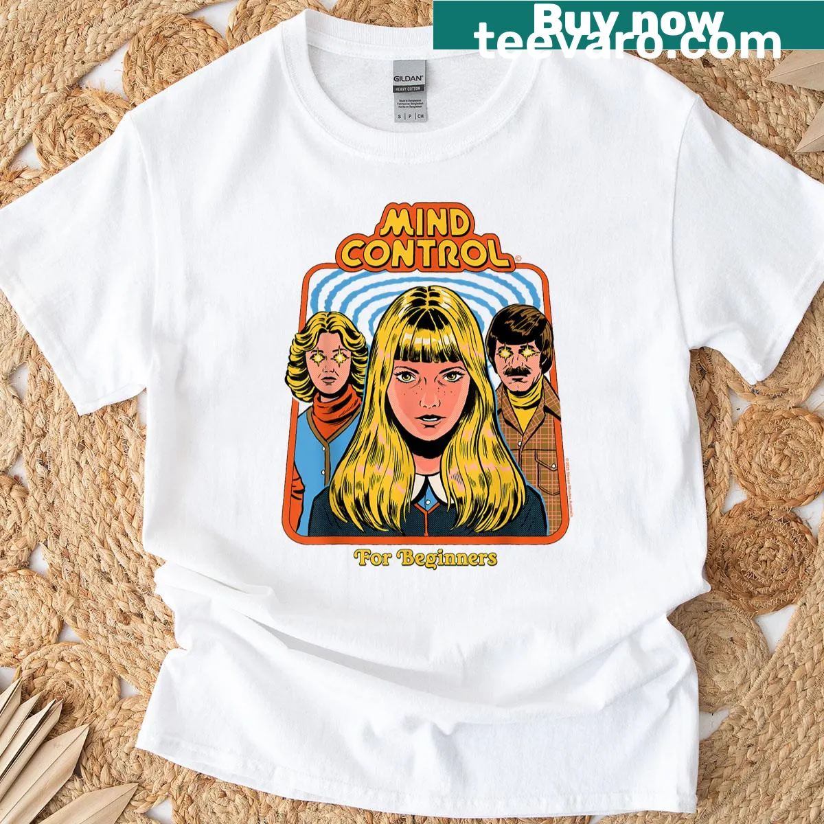 Sarcastic vintage t-shirt with mind control theme — on a men's t-shirt