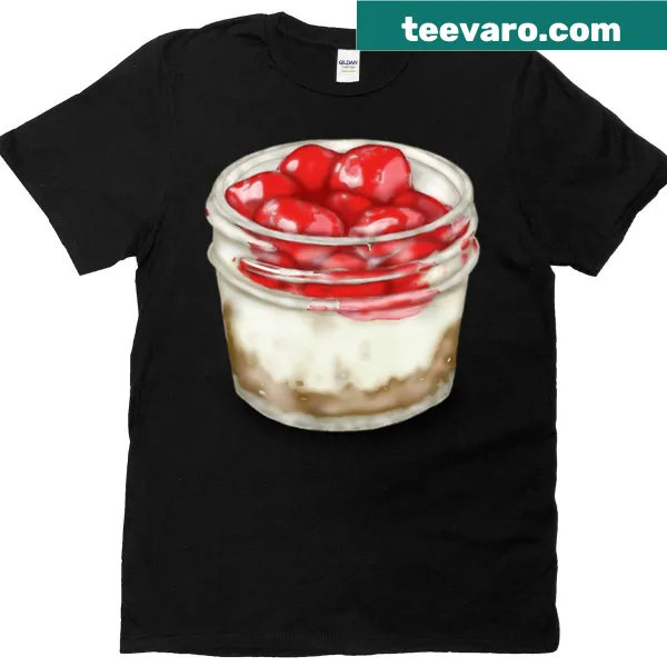 Illustration of mini cherry cheesecakes on a pink T-shirt