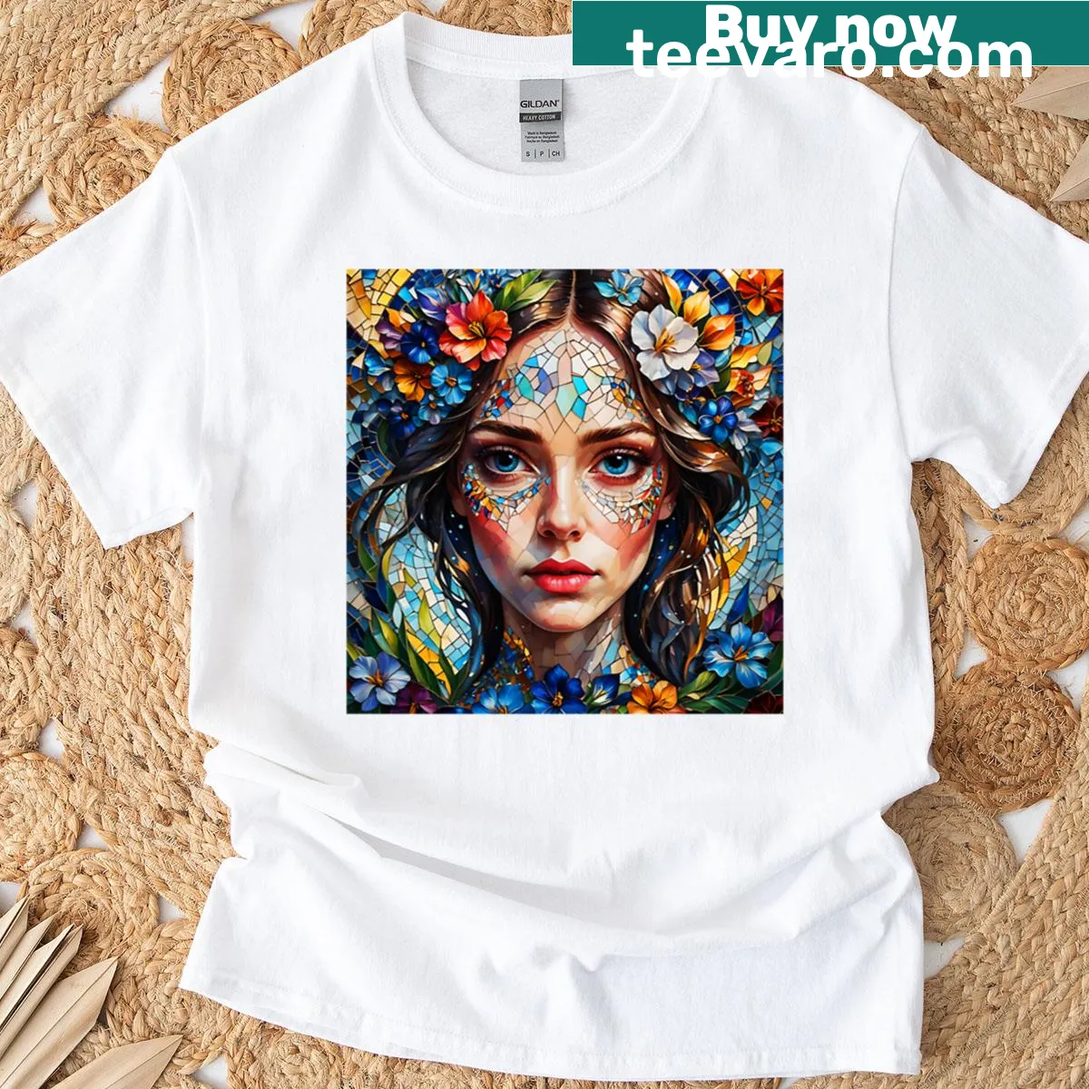 Artistic T-shirt with a fantasy portrait of a girl featuring mosaic elements — on a men's t-shirt