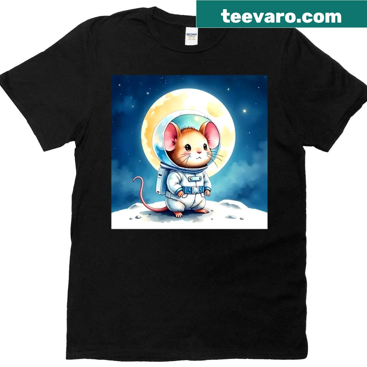 Cartoon mouse astronaut graphic on a T-shirt — on a men's t-shirt