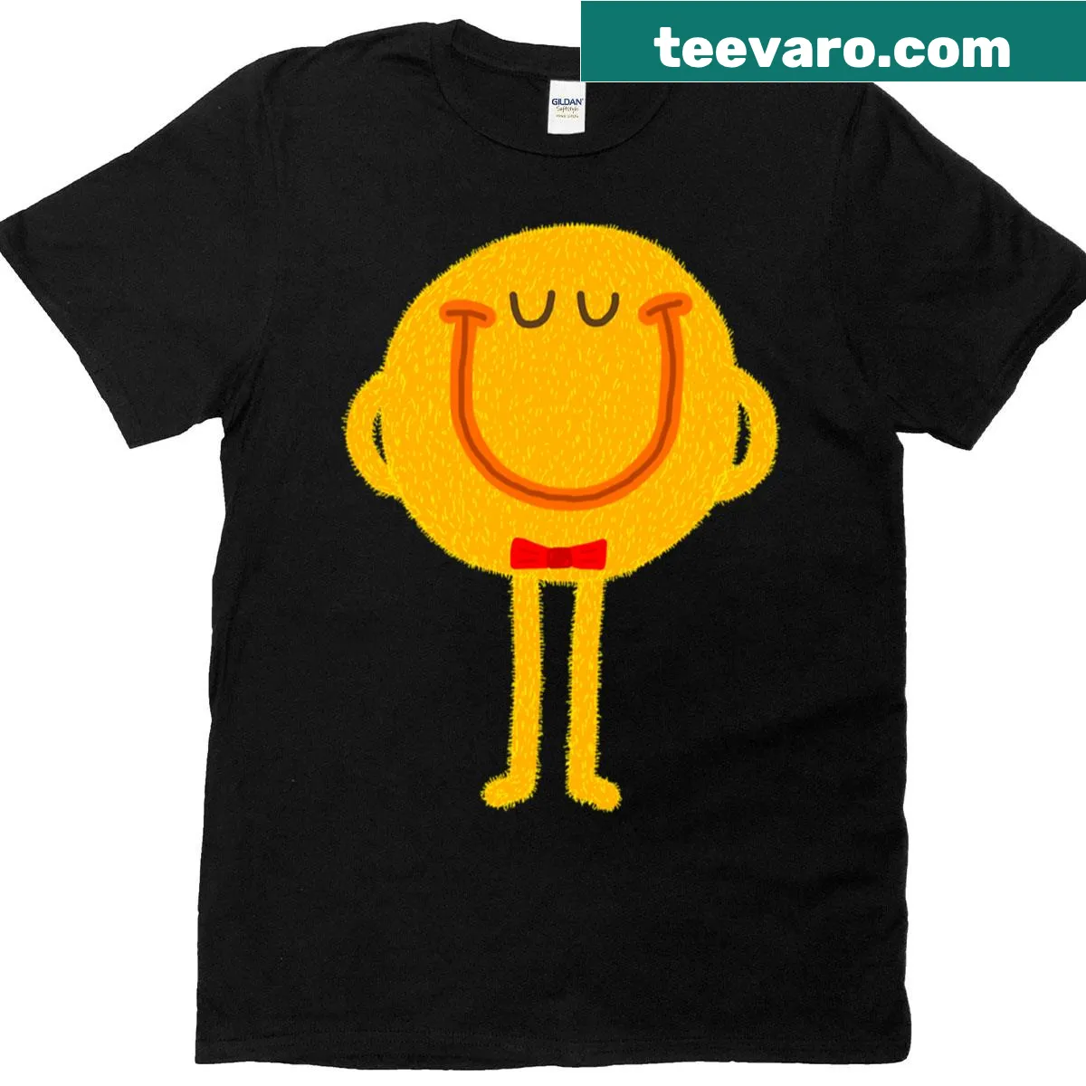 Cartoon T-shirt featuring the cheerful Mr. Happy smiling face — on a men's t-shirt
