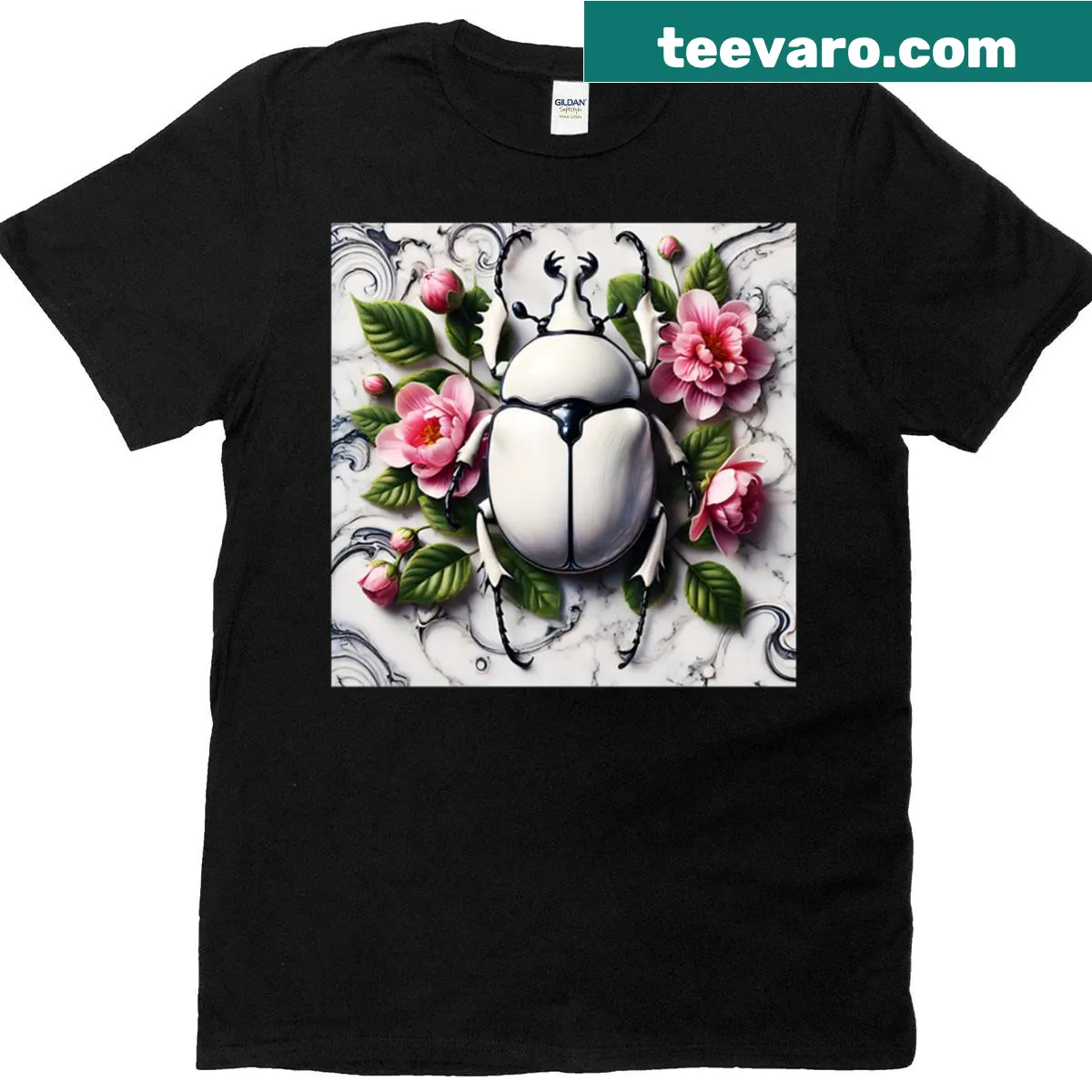 Illustration of a mystical unicorn beetle in a garden on a t-shirt — on a men's t-shirt