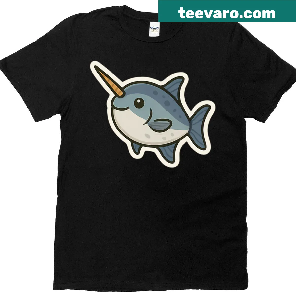 Illustration of a cheerful narwhal swimming in waves — on a men's t-shirt