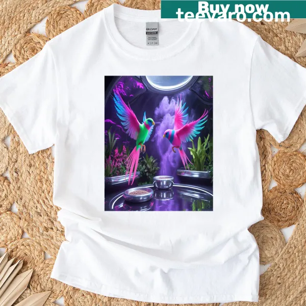 Futuristic T-shirt featuring neon birds in a gravity-defying aviary design