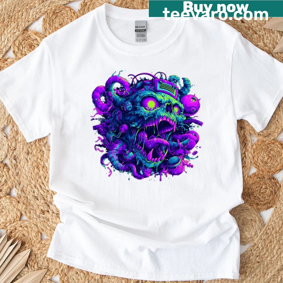 Neon T-shirt with a haunting illustration reflecting nightmares — on a men's t-shirt